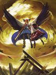  alternate_color alternate_hair_color apocalypse arm_cannon backlighting bad_end bad_id bad_pixiv_id black_legwear boots bow brown_hair cape defeat detached_sleeves explosion eyes feathered_wings feathers floating full_body grin gua hair_bow hair_over_one_eye hakurei_reimu haze highres large_wings long_hair looking_at_viewer multiple_girls mushroom_cloud pantyhose pleated_skirt puffy_short_sleeves puffy_sleeves red_eyes reiuji_utsuho ribbon-trimmed_sleeves ribbon_trim ruins short_hair short_sleeves signature skirt smile spread_wings touhou unconscious very_long_hair victory weapon white_sleeves wings yellow_sky 