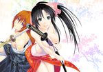  1girl black_hair blue_eyes breasts himura_kenshin japanese_clothes kamiya_kaoru large_breasts long_hair medium_breasts nameko_(mds) orange_hair purple_eyes rurouni_kenshin scar shinai smile sword weapon 