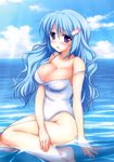  absurdres barefoot blue_hair blush breasts cleavage copyright_request hands highres large_breasts lips long_hair ninoko ocean one-piece_swimsuit purple_eyes sitting solo strap_slip swimsuit water wet 