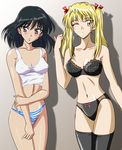  black_hair blonde_hair bra breasts brown_eyes covered_nipples gentoku highres lingerie long_hair medium_breasts multiple_girls one_eye_closed orange_eyes panties sawachika_eri school_rumble short_hair short_twintails striped striped_panties thighhighs tsukamoto_yakumo twintails undershirt underwear underwear_only 