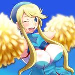  :d ;d blonde_hair blue_eyes breasts cleavage covered_nipples heroman large_breasts lina_davis long_hair motion_blur mountain-zaki_gorilla one_eye_closed open_mouth pom_poms see-through smile solo twintails 