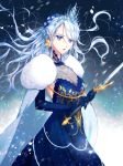  blue_dress blue_eyes blue_gloves blue_ribbon breasts cape cleavage dress earrings flower_earrings fur_trim gloves gold_trim hair_bun hair_ribbon highres holding holding_sword holding_weapon hsmoji jewelry long_hair medium_breasts original ribbon silver_hair simple_background snow solo standing sword tiara very_long_hair weapon white_cape 