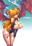  ahoge bad_id bad_pixiv_id bat_wings blonde_hair blush breastless_clothes breasts cleavage copyright_request demon_girl elbow_gloves eyebrows_visible_through_hair gloves hakai_shin highres horns huge_breasts leaning_forward long_hair nipples puffy_nipples red_eyes solo succubus tail thighhighs wings 