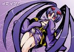  arane blush c.r. insect_girl monster_girl purple_hair queen's_blade queen's_blade_spiral_chaos red_eyes silk solo spider_girl spider_web torn_clothes 