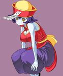  bad_id bad_pixiv_id bare_shoulders blue_hair blue_skin breasts chinese_clothes cleavage_cutout flipped_hair hat jiangshi large_breasts lei_lei nekomatagi ofuda pants short_hair simple_background solo vampire_(game) yellow_eyes zombie 