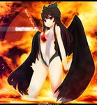  asskiler black_wings bow brown_hair caution eyes hair_bow highres long_hair radiation_symbol red_eyes reiuji_utsuho slingshot_swimsuit solo swimsuit touhou wings 