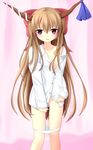  blush bow breasts brown_hair collarbone dress_shirt hair_bow highres horn_ribbon horns ibuki_suika large_bow long_hair long_sleeves open_clothes open_shirt oversized_clothes panties panty_pull purple_eyes red_eyes ribbon shirt shirt_tug small_breasts solo touhou unbuttoned underwear very_long_hair white_panties yoye_(pastel_white) 
