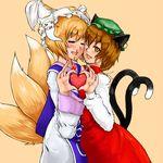  animal_ears blonde_hair blood brown_eyes brown_hair cat_ears cat_tail chen fox_tail hat heart heart_hands heart_hands_duo jewelry multiple_girls multiple_tails nosebleed ryou@ryou short_hair tail touhou yakumo_ran 