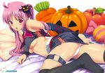  absurdres ahoge annoyed arm_support arm_warmers ass bed belt blush breasts cameltoe candy choker covering covering_ass crop_top food halloween highres jack-o'-lantern koutaro large_breasts lying navel on_side original panties pantyshot pantyshot_(lying) pink_eyes pink_hair pumpkin shirt skirt solo taut_clothes taut_shirt thigh_strap thighhighs twintails underboob underwear upskirt vegetable white_panties 