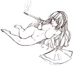  barefoot breasts fan feet foreshortening from_above full_body headphones kiseru large_breasts legs long_hair lying maruyama megurine_luka monochrome nipples nude pipe sketch smoking solo very_long_hair vocaloid 