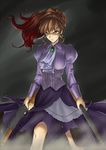  210ten angry blood brown_eyes brown_hair dress dual_wielding earrings gradient_hair gun holding jewelry multicolored_hair ponytail red_hair scratches shotgun solo torn_clothes umineko_no_naku_koro_ni ushiromiya_natsuhi weapon 