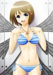  ayato bad_id bad_pixiv_id bikini blue_eyes breasts brown_hair cameltoe covered_nipples hair_ornament highres jewelry lyrical_nanoha mahou_shoujo_lyrical_nanoha_strikers medium_breasts necklace short_hair solo striped striped_bikini swimsuit wings x_hair_ornament yagami_hayate 