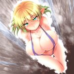  :&lt; aqua_eyes blue_eyes blush breasts cleavage gradient_hair huge_breasts mizuhashi_parsee multicolored_hair pointy_ears slingshot_swimsuit solo swimsuit touhou tro 