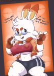  2019 absurd_res anthro breasts buckteeth clothed clothing comic_sans dialogue digital_media_(artwork) english_text female fingerless_gloves gloves hi_res lagomorph mammal manchester_united navel nintendo open_mouth pkfirefawx pok&eacute;mon pok&eacute;mon_(species) pok&eacute;morph scorbunny solo teeth text thick_thighs under_boob url video_games 