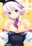  absurdres animal_ears bare_shoulders between_breasts breasts bunny_ears bunnysuit copyright_request elbow_gloves gloves highres koutaro large_breasts navel necktie nipples non-web_source purple_hair red_eyes scan shirt_pull solo 