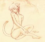  1boy animal_ears cat_ears cat_tail catboy feet male male_focus monochrome naked nipples nude original petboy solo tail toes 