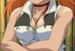  animated animated_gif armpits arms_up bouncing_breasts breasts choker close-up crossed_arms jewelry kaette_kita_court_no_naka_no_tenshi-tachi large_breasts lowres necklace nekoda_kozue nipples no_bra orange_hair shirt_lift solo subtitled twintails undressing 