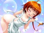  1girl ahoge aojiru apron bent_over blush breasts bubble eyes_closed flat_chest game_cg hair_intakes happy heart hongou_ai kowaku_no_toki ladle leaning_forward naked_apron nipples open_mouth orange_hair smile solo tan tanline 