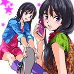  akiyama_mio bad_id bad_pixiv_id black_hair blue_eyes blush casual cellphone hands_on_feet hime_cut k-on! long_hair multicolored multicolored_nails nail_art nail_polish open_mouth phone pop_kyun smile talking_on_phone 