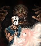  1girl 2boys bald couple ebi_tendon jennifer jennifer_willis long_hair mask multiple_boys muscle pixiv_thumbnail resized rick_(splatterhouse) rick_taylor splatterhouse torn_clothes 