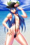  bad_id bad_pixiv_id blue_hair flat_chest food fruit hand_on_hip hat hinanawi_tenshi long_hair ootsuki_wataru peach red_eyes slingshot_swimsuit solo swimsuit touhou water 