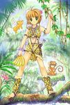  banana barefoot bright_(artist) card_captor_sakura child flower food fruit jungle kero kinomoto_sakura lei leopard_skin li_syaoran li_xiaolang male male_focus monkey nature tic-tac-toe 