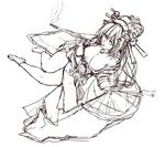  breasts cleavage fan flower foreshortening from_above full_body hair_flower hair_ornament headphones japanese_clothes jewelry kiseru large_breasts legs long_hair lying maruyama megurine_luka monochrome necklace obi oiran pendant pipe sash sketch smoking solo thighs very_long_hair vocaloid 