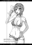  bikini breasts food groin hand_on_hip highres ice_cream isao large_breasts licking nami_(one_piece) one_piece sexually_suggestive short_hair solo suggestive_fluid swimsuit tattoo translation_request 