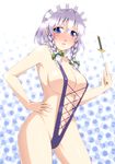  blue_eyes blush bow braid breasts genjuu_rou hair_bow hand_on_hip highres izayoi_sakuya knife large_breasts looking_at_viewer maid_headdress parted_lips silver_hair slingshot_swimsuit solo swimsuit touhou twin_braids 