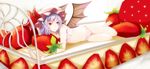  barefoot bat_wings bra cake cheshuilishang food fruit hat in_food lavender_hair lingerie minigirl panties pastry red_eyes remilia_scarlet short_hair solo strawberry strawberry_shortcake touhou underwear underwear_only wings 