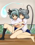  alternate_costume animal_ears barefoot breast_grab breasts buruma ghost grabbing green_eyes grey_hair gym_uniform hairband hug hug_from_behind ifuji_sakura konpaku_youmu konpaku_youmu_(ghost) large_breasts legs mouse_ears mouse_tail multiple_girls nazrin red_eyes shirt_lift short_hair silver_hair tail thighs touhou yuri 