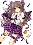  brown_hair cellphone checkered checkered_skirt feathers hat himekaidou_hatate necktie ooji_cha phone red_eyes ribbon short_hair skirt solo thigh_ribbon tokin_hat touhou wings 