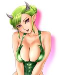  bare_shoulders breast_squeeze breasts cleavage demon_girl green_hair horns huge_breasts lipstick makeup original pointy_ears purple_eyes solo ueyama_michirou 