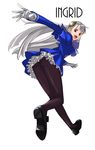  capcom_fighting_jam gloves grey_hair hairpods highres ingrid legs long_hair looking_back mary_janes open_mouth panties panties_under_pantyhose pantyhose red_eyes shoes solo tetsu_(kimuchi) underwear 