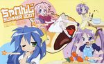  absurdres ahoge apron blue_hair blush glasses green_eyes highres hiiragi_kagami hiiragi_tsukasa izumi_konata long_hair lucky_star mole mole_under_eye multiple_girls official_art pink_hair purple_eyes purple_hair ribbon short_hair takara_miyuki twintails yamada_naoko 