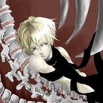  1boy blonde_hair bone bones cain galerians green_eyes lowres ribcage ribs short_hair solo spine teeth 