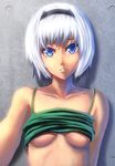  alternate_costume bangs bare_shoulders black_hairband bloom blue_eyes bob_cut bokuden breasts collarbone colored_eyelashes eyelashes hairband konpaku_youmu lips medium_breasts shirt_lift short_hair solo staring tank_top touhou underboob white_hair 