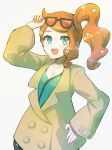 1girl :d arm_up bag black_bag blush brown_coat buttons coat commentary_request eyelashes eyewear_on_head green_eyes green_shirt hair_ornament hand_on_hip handbag heart heart_hair_ornament highres long_hair one_side_up open_mouth orange_hair peppedayo_ne pokemon pokemon_(game) pokemon_swsh ribbed_shirt shirt simple_background smile solo sonia_(pokemon) sunglasses teeth tongue upper_teeth_only white_background 