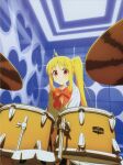  1girl absurdres ahoge bangs blonde_hair bocchi_the_rock! bow collared_shirt color_halftone cover cymbals drum drum_set dvd_cover highres instrument kerorira long_hair long_sleeves non-web_source official_art polka_dot polka_dot_bow red_bow red_eyes scan shirt side_ponytail sidelocks sleeves_rolled_up solo white_shirt 