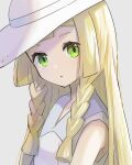  1girl absurdres blonde_hair braid collared_dress dress eyelashes from_side green_eyes grey_background hat highres lillie_(pokemon) long_hair looking_at_viewer looking_to_the_side parted_lips peppedayo_ne pokemon pokemon_(game) pokemon_sm sleeveless sleeveless_dress solo twin_braids upper_body white_dress white_headwear 