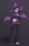  absurd_res anthro bat beverage big_breasts black_hair breasts dialogue drinking female hair hi_res mammal mazzlerazz midriff multicolored_hair navel open_mouth purple_body purple_hair shadow simple_background solo standing text unknown_character wings yellow_eyes 