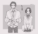  1boy 1girl applying_bandages bandaged_arm bandages collared_shirt cropped_legs flower-shaped_pupils frown greyscale hair_ornament hair_pulled_back hakuji_(kimetsu_no_yaiba) holding kimetsu_gakuen kimetsu_no_yaiba koyuki_(kimetsu_no_yaiba) long_sleeves looking_at_viewer mid_t20 miniskirt monochrome necktie pants shirt short_hair side-by-side sideways_glance skirt snowflake_hair_ornament sweater symbol-shaped_pupils twitter_username untucked_shirt 