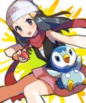  1girl :d bare_arms beanie black_hair black_shirt blush bracelet commentary_request dawn_(pokemon) eyelashes floating_scarf grey_eyes hair_ornament hairclip hat highres holding holding_poke_ball jewelry long_hair open_mouth peppedayo_ne pink_skirt piplup poke_ball poke_ball_(basic) poke_ball_print pokemon pokemon_(creature) pokemon_(game) pokemon_dppt red_scarf scarf shirt skirt sleeveless sleeveless_shirt smile white_headwear 