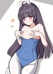  1090909io9 1girl ahoge bangs bare_arms bare_shoulders black_hair blue_archive blue_leotard blush breasts closed_mouth collarbone commentary_request covering covering_breasts feet_out_of_frame groin halo headgear highres leaf leotard long_hair miyu_(blue_archive) pantyhose red_eyes small_breasts solo strapless strapless_leotard sweat very_long_hair white_pantyhose 