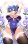  1girl absurdres ahoge arms_up bangs black_thighhighs blue_hair blue_leotard blush breasts cleavage covered_navel cowboy_shot flower from_below ganyu_(genshin_impact) genshin_impact groin hando_2020 highres horns large_breasts leotard long_hair looking_at_viewer low_ponytail open_mouth playboy_bunny purple_eyes purple_flower purple_leotard sidelocks skindentation solo standing thighhighs underboob very_long_hair 
