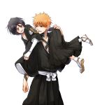  1boy 1girl badge bangs black_hair black_kimono bleach carrying_over_shoulder fukutaichou_badge hair_between_eyes hand_on_another&#039;s_ass highres japanese_clothes kimono kuchiki_rukia kurosaki_ichigo long_sleeves looking_at_another open_mouth orange_eyes orange_hair purple_eyes sandals sash shinga short_hair socks white_background white_sash white_socks wide_sleeves 