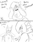  absurd_res anthro clothing dialogue duo eyewear female gardevoir generation_3_pokemon generation_4_pokemon glasses hi_res humanoid humor jeffthehusky julia_caernarvon lucario lucas_arynn male mature_female meme monochrome nintendo pokemon pokemon_(species) scared shirt slightly_chubby surprise tank_top topwear 