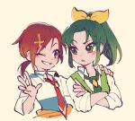  2girls brown_eyes brown_hair collared_shirt crossed_arms green_eyes green_hair green_necktie green_vest grin hair_intakes hair_ribbon hand_on_another&#039;s_shoulder hand_up hino_akane_(smile_precure!) looking_at_another midorikawa_nao multiple_girls necktie one_eye_closed open_mouth ponytail precure raised_eyebrow red_necktie ribbon shirt short_hair smile smile_precure! teeth ukata upper_body vest white_shirt yellow_ribbon 