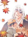  2boys aged_up autumn autumn_leaves baby baby_carry black_hair blush carrying commentary_request earrings eyelashes eyepatch falling_leaves grin hair_between_eyes hashibira_inosuke highres if_they_mated japanese_clothes jewelry kimetsu_no_yaiba kimono komedawara0130 leaf long_sleeves male_focus maple_leaf medium_hair multiple_boys one_eye_covered pig_hat profile simple_background smile toy uncle_and_nephew uzui_tengen white_background white_hair 