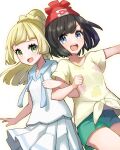  2girls :d absurdres bangs beanie black_hair blonde_hair braid clenched_hand eyelashes green_eyes green_shorts grey_eyes happy hat highres lillie_(pokemon) locked_arms long_hair multiple_girls open_mouth outstretched_arm peppedayo_ne pleated_skirt pokemon pokemon_(game) pokemon_sm ponytail red_headwear selene_(pokemon) shirt short_hair short_shorts short_sleeves shorts skirt smile t-shirt teeth tied_shirt tongue upper_teeth_only white_shirt white_skirt yellow_shirt 